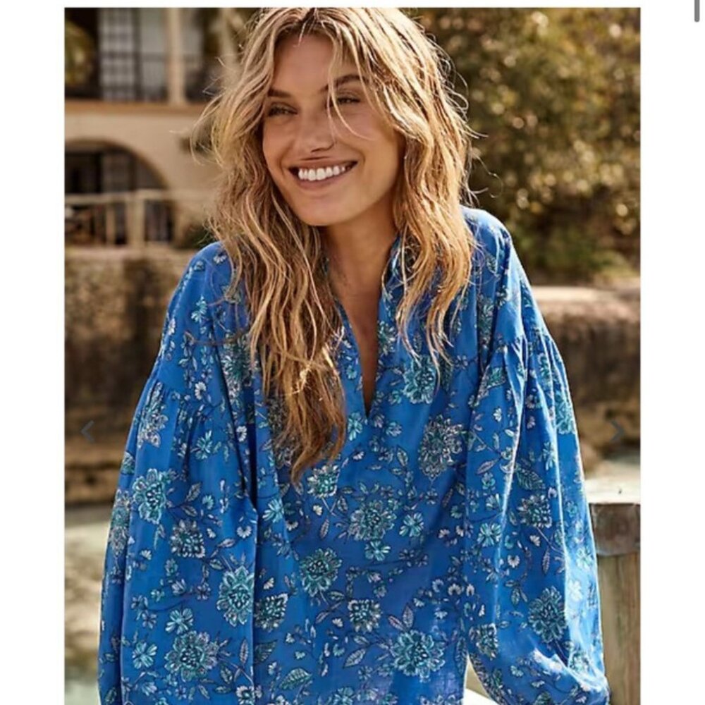 J Jill Top Womens XS Blue‎ Floral NWT Pilgrim Cottagecore Lagenlook Lightweight